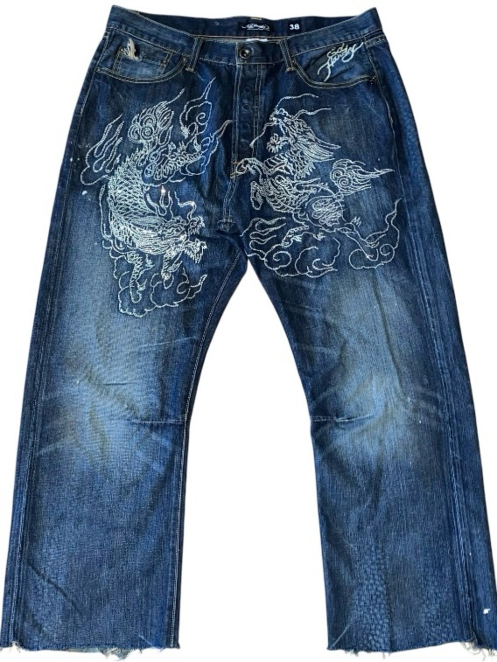 Ed Hardy Vintage MultiLogo Rhistones Dragons Logo Fade Jeans 38x32 Relaxed (DB1)